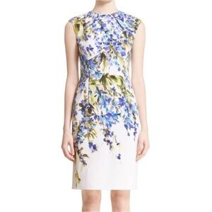 St. John Budding White and Purple Floral Print Stretch Shift Silk Dress Size 10